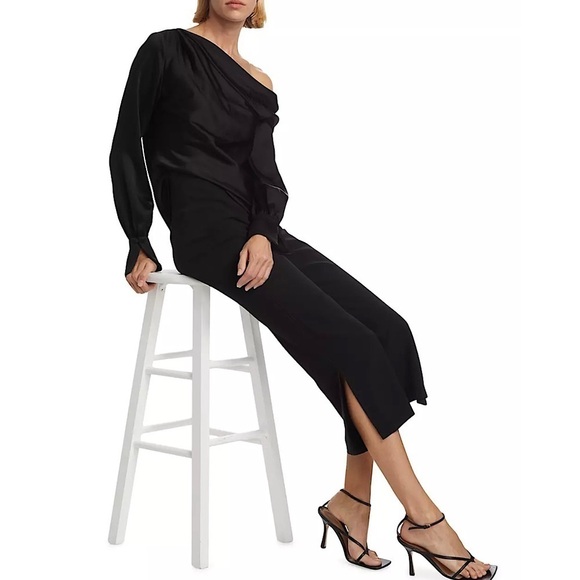 NWT L’AGENCE 70s Black Satin Off Shoulder Long Sleeve Relaxed Fit Cocktail Top S - Picture 1 of 6